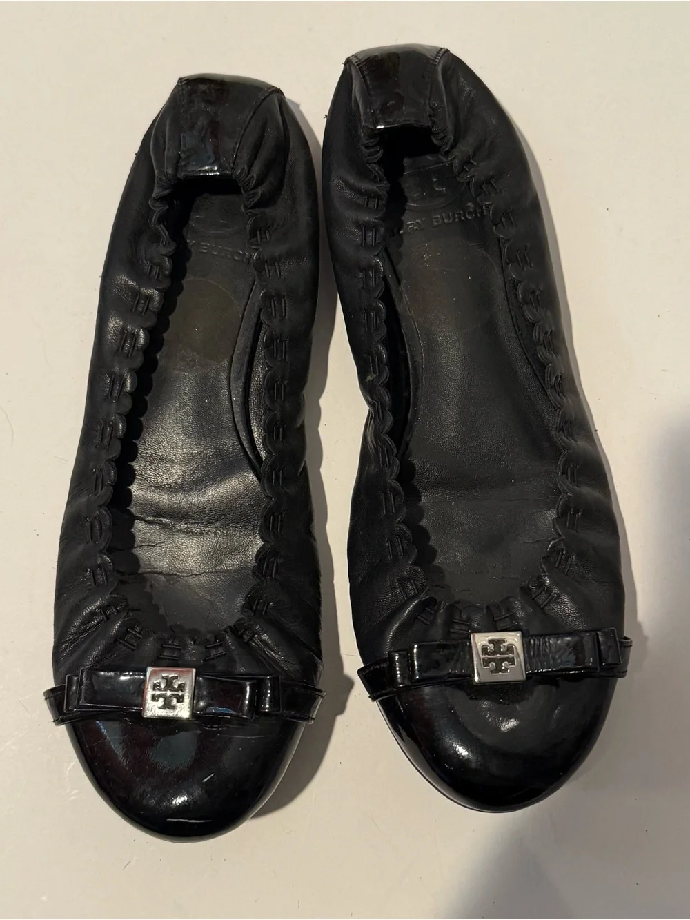 Tory Burch Black Leather Patent-Toe Ballet Flats with Logo Bow